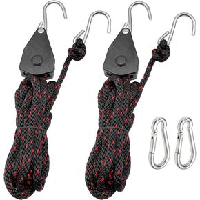 Rope Tie Downs, 3/8" x 15ft. Locking Ratchet Pulley with Carabiner for Kayak Bow and Stern Secure – 1 Pair