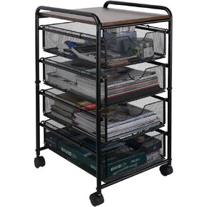 EasyPAG Mesh File Storage Drawer Carts with 4 Swivel Casters Rolling Wheels Assemble Cube Organizer 4 Drawers, Black