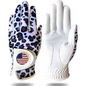 Womens Golf Glove with Ball Marker Rain Left Right Hand Leather Printed Pack, Ladies Golf Gloves All Weather Grip Breathable Soft Size Small Medium Large XL