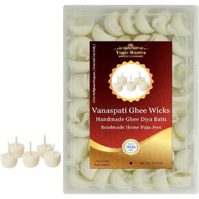 Vanaspati Ghee Wicks (50 Pcs. Diya Batti) Handmade Ghee Dipped Cotton Wicks Jyot for Aarti, Home Puja, Diwali Pooja, Daily Pujan Jyoti & Havan Yagya Samagri