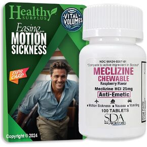 Healthy Surplus SDA Labs Meclizine HCL 25 mg Chewable Raspberry 100 Tablets and Vital Volumes Motion Sickness Tips Card | Bundle
