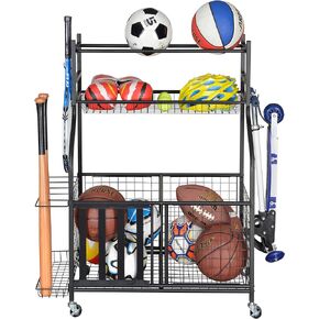 Snail Garage Storage System Sports Equipment Organizer with Baskets and Hooks, Sports Gear and Ball Storage Rack with Wheels for Garages, Playgroup, Gym and Schools, Powder Coated Steel, Black