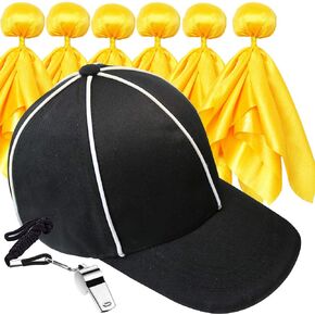 6 Penalty Flag Football Flags, 1 Referee Hat Black with White, 1 Referee Stainless Steel Whistle with Lanyard, Sports Fan Set for Football Games Party Accessory