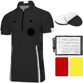 Pro Soccer Referee Shirt Jersey Short Sleeve Ref Costume Umpire Uniform with 3 Pcs Replace 3" Round Adhesive Hook & Loop Badge Holder, Referee Wallet with Red Card and Yellow Card