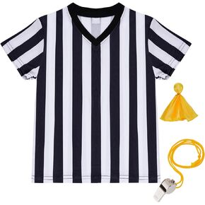 obmwang Kids Referee Shirt Costume, Black and White Stripe V Neck Referee Shirt, Yellow Penalty Flag and Whistle