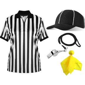 Geyoga 4 Pcs Men's Official Referee Costume Set White and Black Stripe Referee Zipper Collar Shirt Official Referee Hat Stainless Whistle with Lanyard Yellow Penalty Flag for Mardi Gras