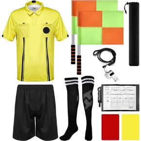 Hicarer Soccer Referee Kit, 6 Pcs Football Referee Package for Men, Soccer Referee Costume Ref Shirt Linesman Flags, Referee Whistle Soccer Referee Cards Sport Soccer Accessory for Adult Teenager