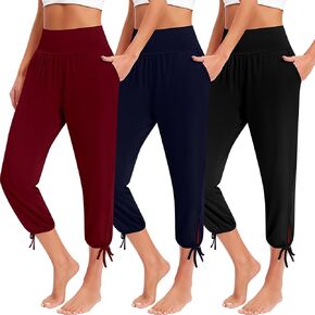 3 Pcs Women Capri Yoga Pant Casual Loose Workout Pant Lightweight Cropped Running Jogger Lounge Capri with Pocket