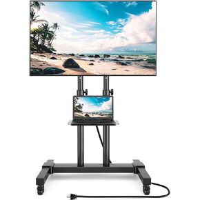 Rfiver Upgraded Rolling TV Stand with Power Outlet for 32-83 Inch TVs, Heavy Duty Mobile TV Cart on Wheel up to 110 lbs, Height Adjustable Portable TV Stand with Shelf for Bedroom, Living Room, Office