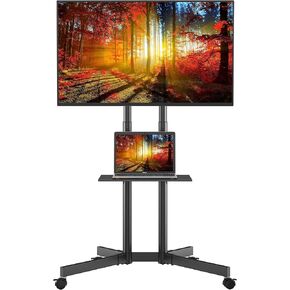 BONTEC Tilt Rolling TV Stand for 32-85Inch LED, LCD, OLED,4k TVs, Mobile Height Adjustable TV Cart with Laptop Shelf and Locking Wheels, Holds Up to 132lbs, Max VESA 600x400mm, White