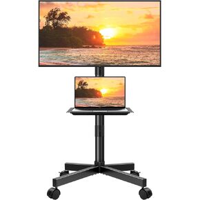 عربة تلفزيون متنقلة KKTONER لشاشة مسطحة LED LCD مقاس 23 إلى 60 بوصة/تلفزيونات منحنية، حامل تلفزيون أرضي على عجلات مع رف قابل للتعديل بحد أقصى VESA 400 × 400 مم، عربة تلفزيون أرضية دوارة تحمل ما يصل إلى 88 رطلاً