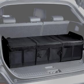 Car Trunk Organizer with Lid - Black Premium Oxford and Cargo Storage Adjustable for Auto, Sedan, SUV, Van, Truck (ExtraLarge, Collapsible), Straps