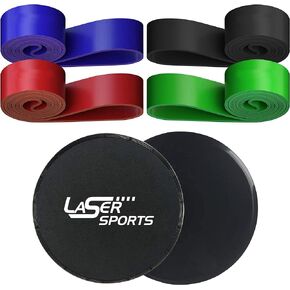Laser Sports Dual Sided Exercise Gliding Disc - Core Sliders and 4 Resistance Bands Set w/Storage Bag - for Home & Gym Workouts -Low Impact Training for Strengthening Muscles and Physical Therapy
