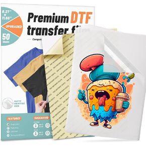 KASYU DTF Transfer Film, 50 Sheets 8.5"*14" DTF Paper with Smart Printing Pad for All Sublimation and DTF Printers,DTF Film for Sublimation Hack, Premium Direct to Film for All Color Fabric
