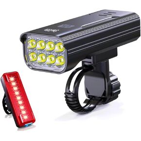 Swittn 5000 Lumen أضواء الدراجة القابلة لإعادة الشحن، 8 مصابيح LED للدراجة الأمامية والخلفية مع وظيفة بنك الطاقة 6400 مللي أمبير في الساعة، أضواء دراجة فائقة السطوع لركوب الليل، 5 أوضاع إضاءة، سهلة التركيب بدون أدوات in Kuwait