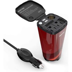 BESTEK 200W Car Power Inverter, Car Plug Adapter Outlet Converter with 2 AC Outlets, Dual 4.5A USB Charging Ports, Cup Holder Car inverter with Cigarette Lighter Socket for Laptop, Computer (Cola Red)
