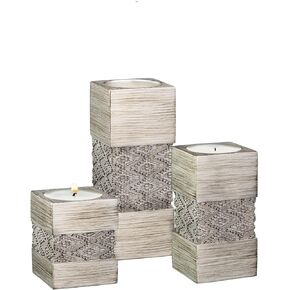Set of 3 Tealight Candle Holders Table Decor Gift Set - 2x2" by 3.2/4.75/6.25" Height - Centerpieces for Living/Dining Room Table, Coffee Table Decor for Fireplace/Entrance or Bathroom (Dublin Brown)