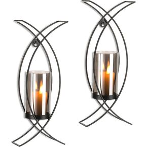 Candle Sconces Decorative Wall Decor Set of 2 Black - Hurricane Candle Wall Sconce Iron Two Candle Holders Modern Wall Mounted Hanging Candles for Indoor Fireplace Kitchen Dining Room