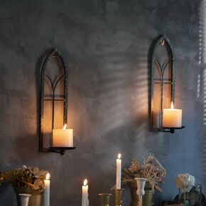 GAKA Wall Sconce Candle Holder (Set of 2) Black Gold Rustic Wall-Mount Metal Candle Holders/Gothic Wall Hanging Iron Wall Candle Sconce Holder for Living Room, Bathroom, Dining Room（Window Styling）