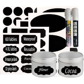 eHomeA2Z 60 Chalkboard Jar Labels for Canning Mason Jars Premium Reusable Stickers Glass Chalk + 2 Large Erasable Markers (60 Labels)