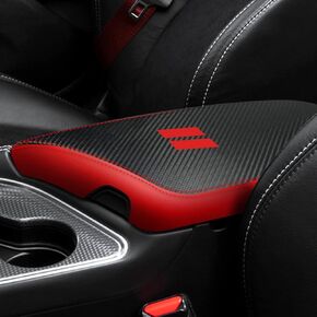 for Dodge Challenger 2015-2023 Car Armrest Cover Waterproof Center Console Pad Covers Scratch Resistance Box Cover Leather Protector Pad Decoration Accessories(Black + Red Stitches)