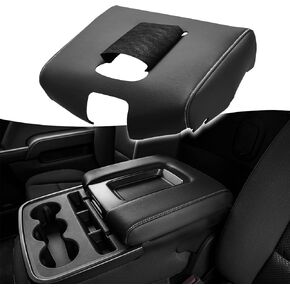 Auto Center Console Armrest Cover Replacement for Chevrolet Silverado & GMC Sierra 1500 2500 3500 2014-2018, Vinyl Leather Middle Console Covering, Split Bench Jump Seat (Black-Gray Stitch)