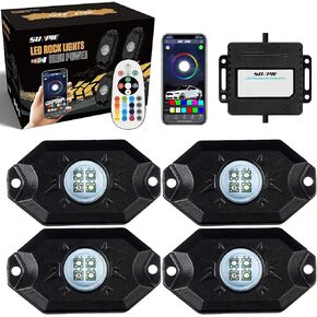 SUNPIE 4 Pods RGBW Rock Lights Aluminium Metal LED Underglow Light Kit App RF Remote Control Voice Mode Music Mode Multicolor Wheel Well Lights for Off Road Trucks SUV ATV UTV Trailer Boats
