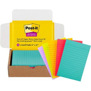 Post-it Super Sticky Lined Notes, 5 Sticky Note Pads, 4x6 in, 2X The Sticking Power, School Supplies, Office Products, Sticky Notes for Vertical Surfaces, Monitors, Walls and Windows, Bright Colors