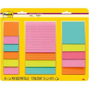 Post-it Super Recyclable Sticky Notes (4423-15SSMIA), Assorted Sizes, 15 Sticky Note Pads, 2x the Sticking Power, Supernova Neons Colors Collection