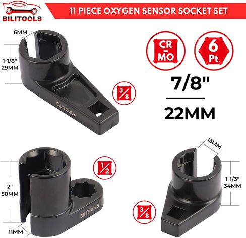 مجموعة مقابس مستشعر الأكسجين O2 المكونة من 11 قطعة من BILITOOLS 7/8 بوصة (22 مم)، 1 بوصة و1-1/16 بوصة، مجموعة مفاتيح استشعار الأكسجين الأوفست تتضمن مقبس مفتاح ضغط الزيت، ومقبس وحدة إرسال الزيت in Kuwait