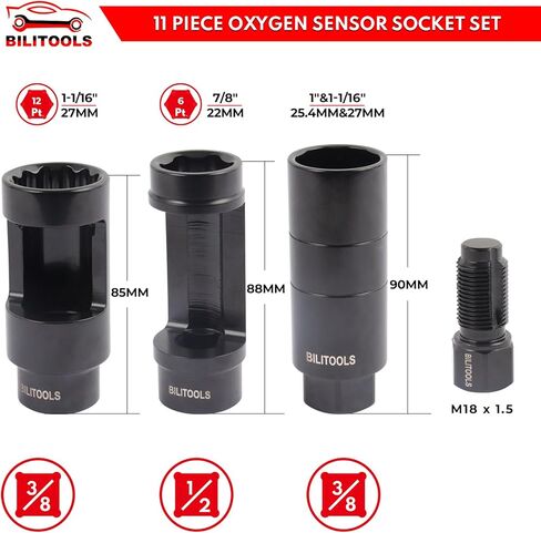 مجموعة مقابس مستشعر الأكسجين O2 المكونة من 11 قطعة من BILITOOLS 7/8 بوصة (22 مم)، 1 بوصة و1-1/16 بوصة، مجموعة مفاتيح استشعار الأكسجين الأوفست تتضمن مقبس مفتاح ضغط الزيت، ومقبس وحدة إرسال الزيت in Kuwait