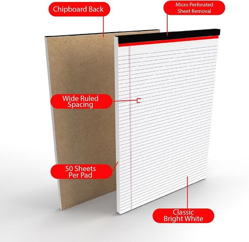 E-CLIPS USA Notepads, Legal Pads, Note Pads 8.5 x 11, Legal Wide Rule Notepad, White, Chipboard Back, Writing Pad, Office Supplies, 50 Sheets Per Pad (12 Pack) in Saudi Arabia