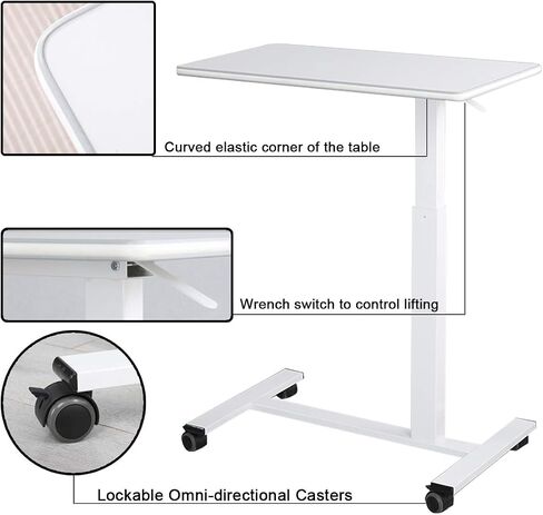 TigerDad Pneumatic Adjustable Overbed Table with Gas Spring Riser | Medical Adjustable Bed Side Table with Wheels | Portable Standing Desk for Laptop Computer in Saudi Arabia