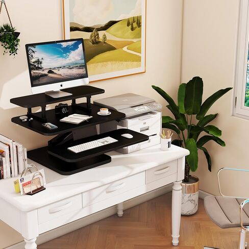 Lubvlook 25 inch Standing Desk Converter, Height Adjustable Sit Stand Desk Riser with Keyboard Tray, Black, GSD76-S in Kuwait