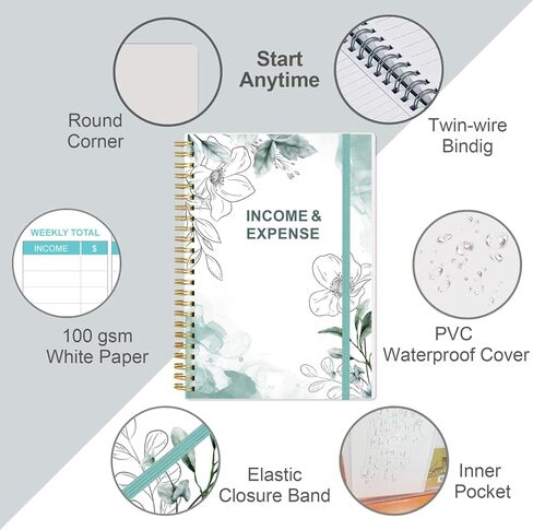 تعقب بسيط للدخل والمصروفات - وكتاب دفتر الأستاذ للشركات الصغيرة، 60 ورقة (120 صفحة) سجل تتبع مسك الدفاتر المحاسبة امرأة ورجل، 5.5 × 8.5 بوصة، أزرق مخضر in Kuwait