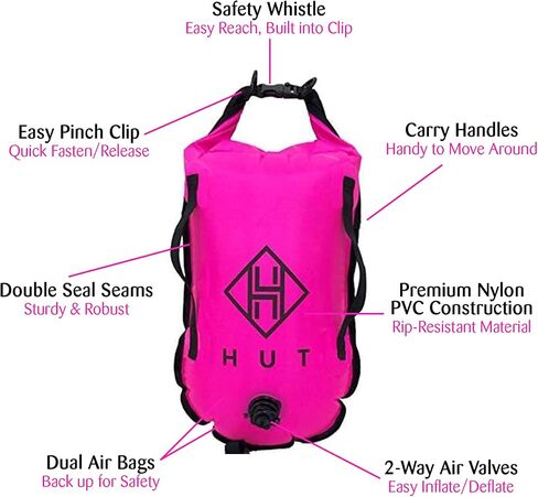 حقيبة HUT Swim Buoy الجافة - حقيبة تعويم آمنة ممتازة وحقيبة جافة مقاومة للماء للسباحين في المياه المفتوحة والرياضيين. عوامة سباحة آمنة عالية الرؤية، وغرفتي هواء - يمكن رؤيتها بأمان. in Kuwait