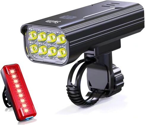 Swittn 5000 Lumen أضواء الدراجة القابلة لإعادة الشحن، 8 مصابيح LED للدراجة الأمامية والخلفية مع وظيفة بنك الطاقة 6400 مللي أمبير في الساعة، أضواء دراجة فائقة السطوع لركوب الليل، 5 أوضاع إضاءة، سهلة التركيب بدون أدوات in Kuwait