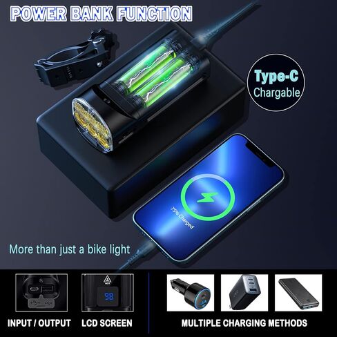 Victagen Bike Light 12000 Lumens Bike Lights for Night Riding, 4 LED Bike Lights Waterproof Type C Rechargeable Front Bike Headlight and Taillight, High & Low Beam Design, Power Bank Function in Saudi Arabia