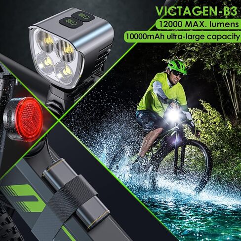 Victagen Bike Light 12000 Lumens Bike Lights for Night Riding, 4 LED Bike Lights Waterproof Type C Rechargeable Front Bike Headlight and Taillight, High & Low Beam Design, Power Bank Function in Saudi Arabia