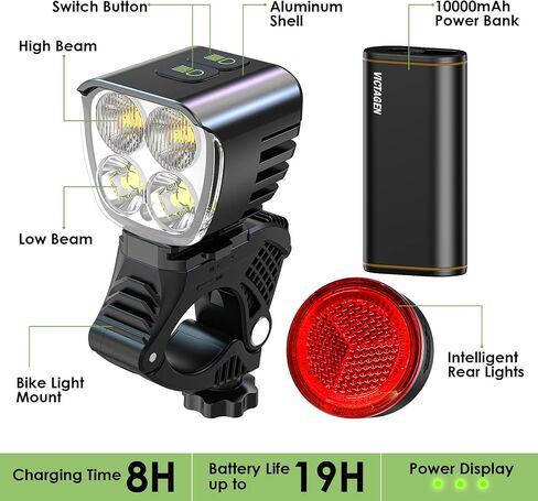 Victagen Bike Light 12000 Lumens Bike Lights for Night Riding, 4 LED Bike Lights Waterproof Type C Rechargeable Front Bike Headlight and Taillight, High & Low Beam Design, Power Bank Function in Saudi Arabia