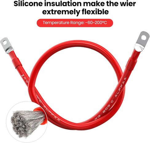 2 AWG Gauge Red + Black 1ft Parallel Battery Power Inverter Cables for Solar, Auto, RV & Marine (Set) - Fit 3/8'' Stud - Pure Oxygen-Free Copper in Kuwait