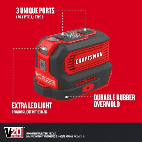 شاحن CRAFTSMAN V20، عاكس للطاقة، منافذ شحن للنوع C، والنوع A، والتيار المتردد، 150 واط، أداة عارية فقط (CMCB1150B) in Kuwait