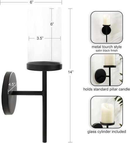 Kate and Laurel Blaise Transitional Metal Wall Sconce, 5 x 6 x 14, Black, Modern Round Candle Holder with Removable Glass Cylinder for Flameless Candles in Saudi Arabia