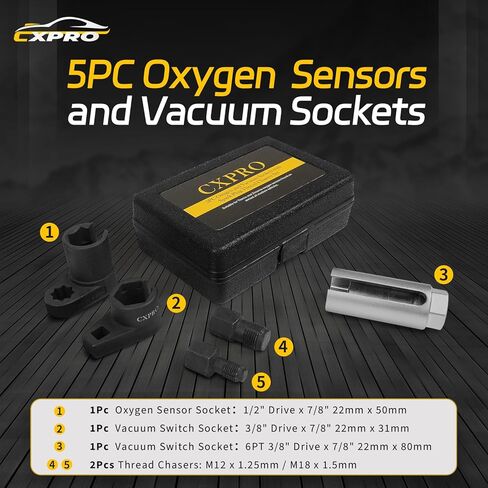 5Pcs Oxygen Sensor Socket Set, Automotive O2 Vacuum Sensor Socket with Spark Plug Wrench Thread Chasers Set, Offset O2 Sensor Switch Removal Tool in Kuwait