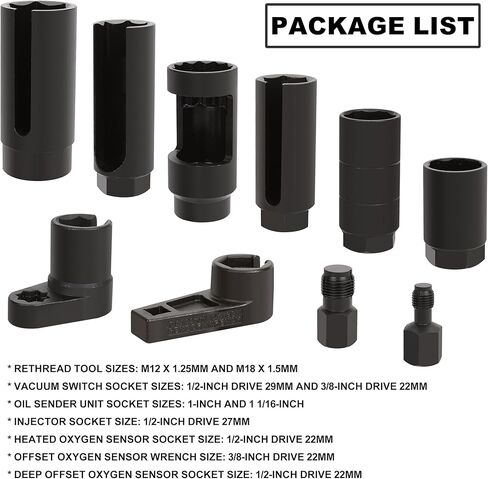 مجموعة مقابس مستشعر الأوكسجين من 10 قطع من Hromee مع مطاردات الخيوط، ومقبس الحاقن ووحدة إرسال الزيت، مجموعة أدوات إزالة مستشعر الأوكسجين 1/2 بوصة و3/8 بوصة مربعة in Kuwait