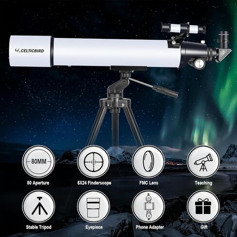 Celticbird Telescope for Adults High Powered, 80mm Aperture 600mm AZ Mount Refractor Telescope for Kids Beginners - Portable Telescopes for Adults Astronomy with Backpack, Phone Adapter, Moon Filter in Saudi Arabia