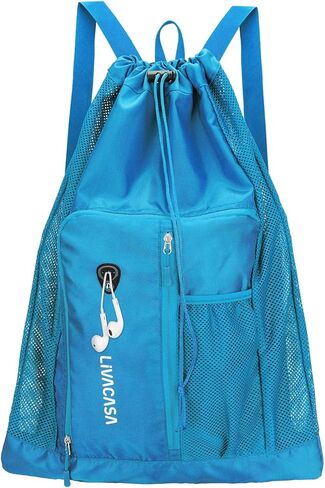 حقيبة ظهر شبكية من LIVACASA حقيبة ظهر للسباحة برباط مع جيب شبكي سريع الجفاف لمعدات السباحة الشبكية حقيبة الشاطئ باللون الأزرق in Kuwait