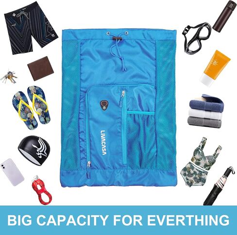 حقيبة ظهر شبكية من LIVACASA حقيبة ظهر للسباحة برباط مع جيب شبكي سريع الجفاف لمعدات السباحة الشبكية حقيبة الشاطئ باللون الأزرق in Kuwait