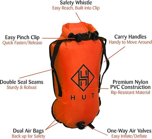 حقيبة HUT للسباحة الجافة - حقيبة السباحة الآمنة المفضلة في المملكة المتحدة وحقيبة جافة مقاومة للماء للسباحين في المياه المفتوحة والرياضيين والغطس. عوامة سباحة آمنة عالية الوضوح - كن آمنًا (20 لترًا) in Kuwait
