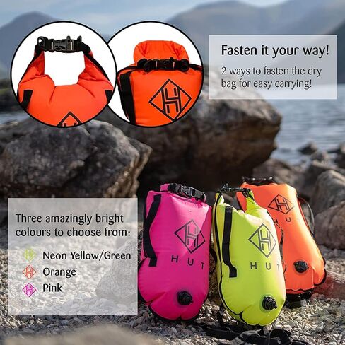 حقيبة HUT للسباحة الجافة - حقيبة السباحة الآمنة المفضلة في المملكة المتحدة وحقيبة جافة مقاومة للماء للسباحين في المياه المفتوحة والرياضيين والغطس. عوامة سباحة آمنة عالية الوضوح - كن آمنًا (20 لترًا) in Kuwait
